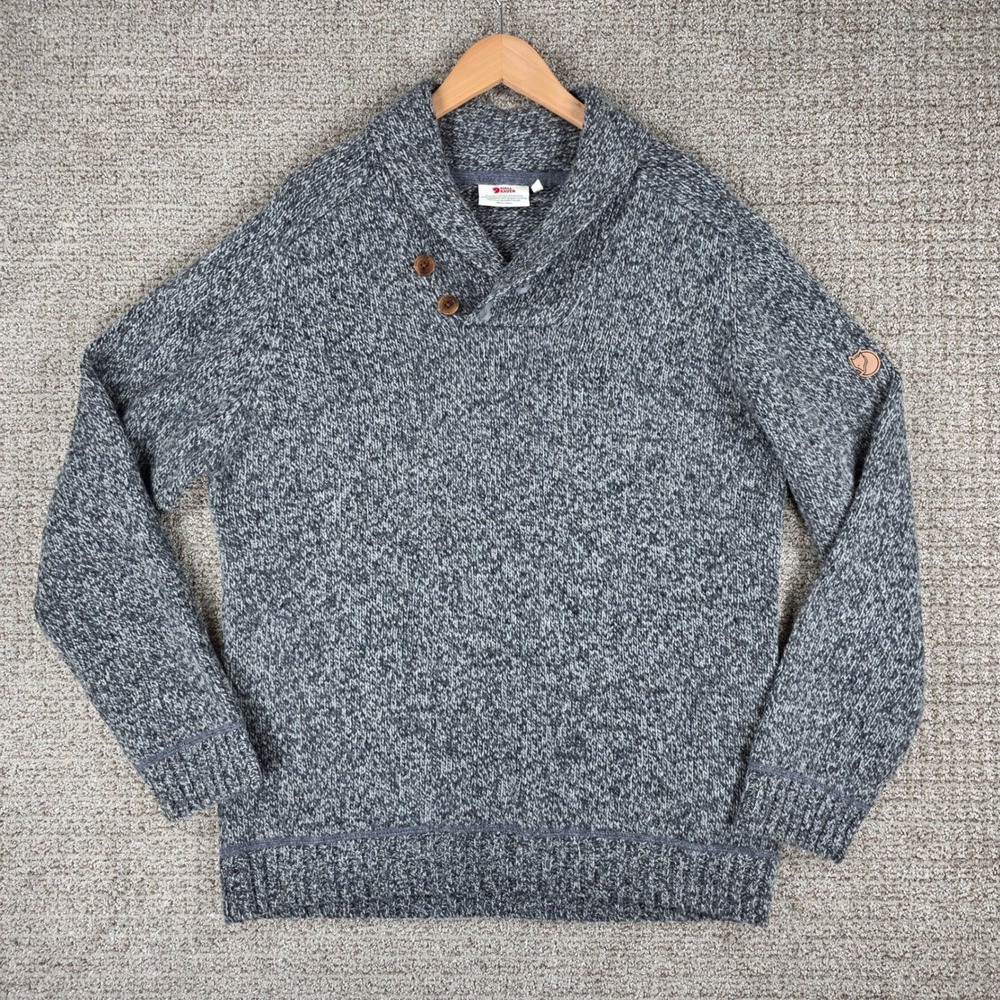 Fjallraven Lada Sweater Mens XL Grey Marl Shawl Neck Wool Knit